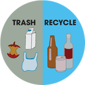 Sort Smart: drawing of trash with chip bag, apple core, and plastic bag on left and recycle with glass bottles and can on right